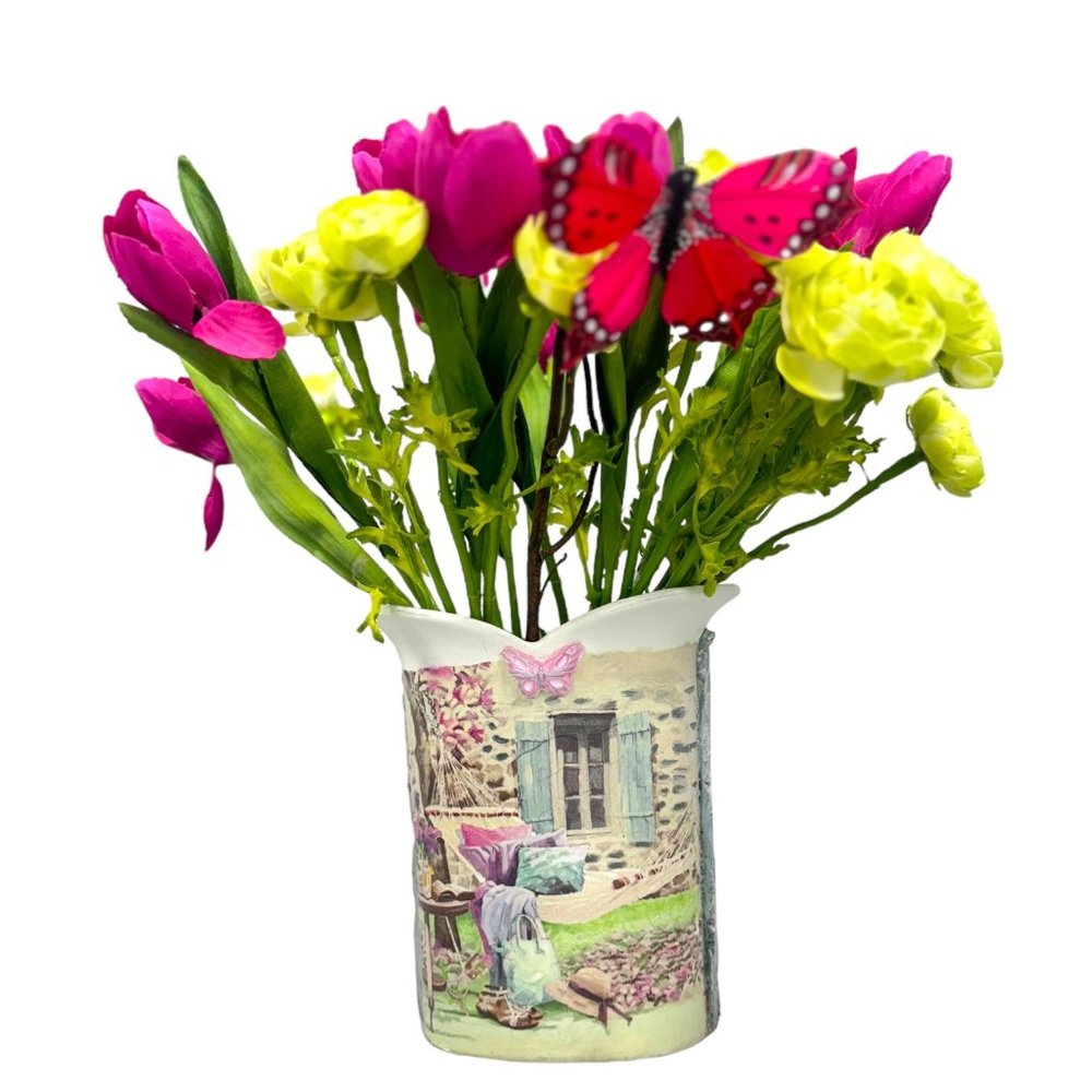 White Tulip Ceramic Italian Vase UpCycled With Decoupage and Hand Moulded Clay - Picture 3 of 13